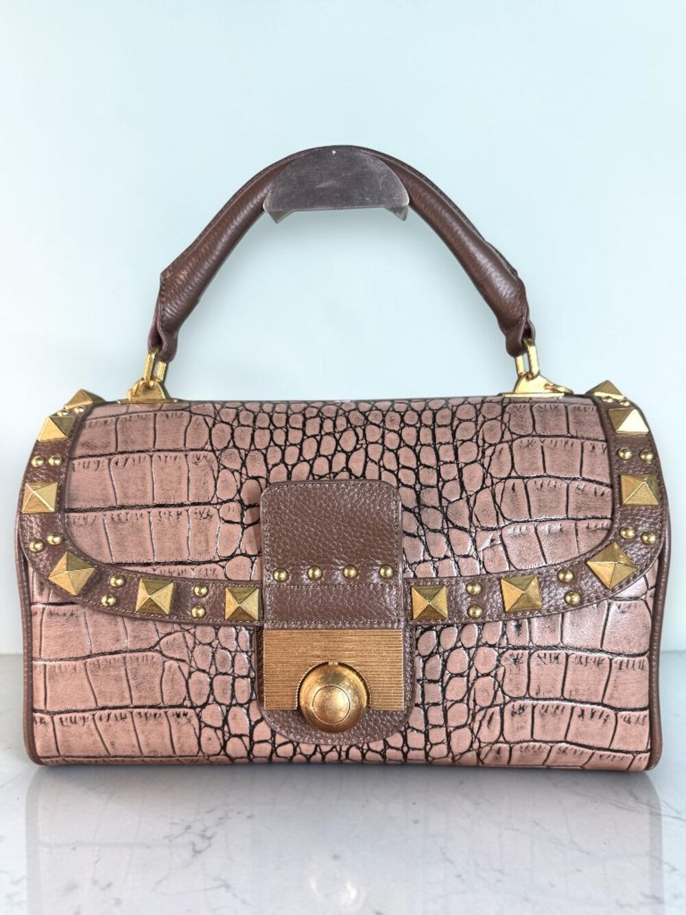 Sharif 1827 Croc-Embossed Leather Studded Top Handle Satchel Sample Bag - New